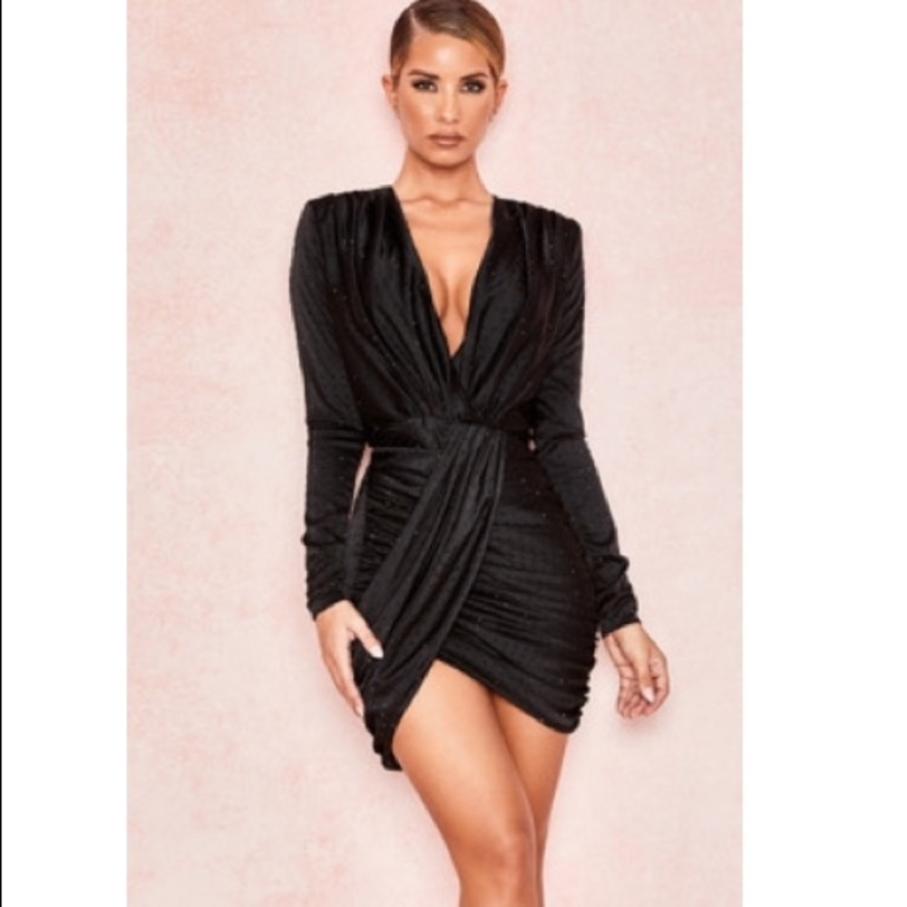 ‘TATJA’ Black Crystallised Draped Satin Dress